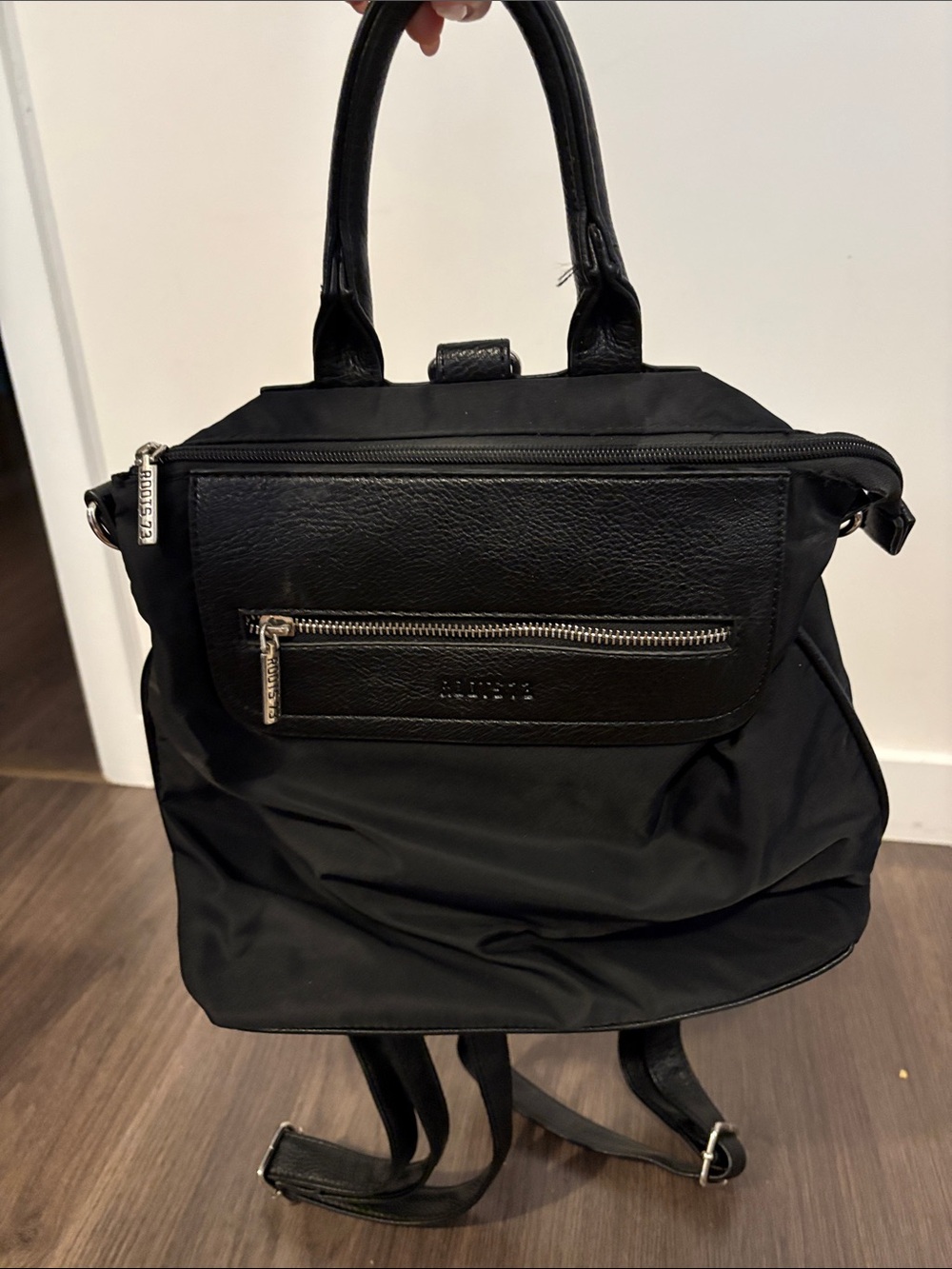 Roots Black Nylon and Leather Backpack Tote